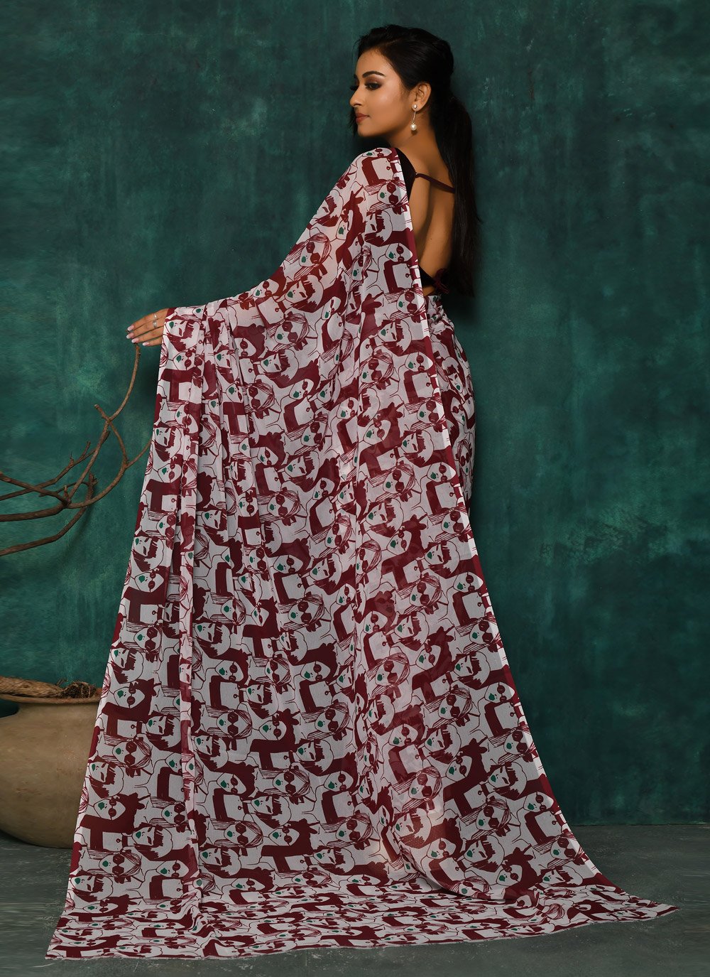 Designer Faux Georgette Maroon Digital Print Saree