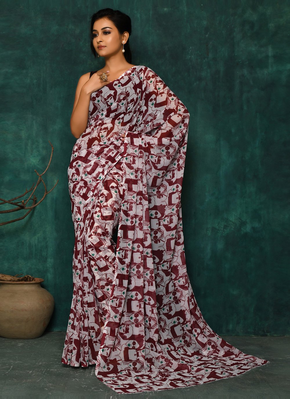 Designer Faux Georgette Maroon Digital Print Saree