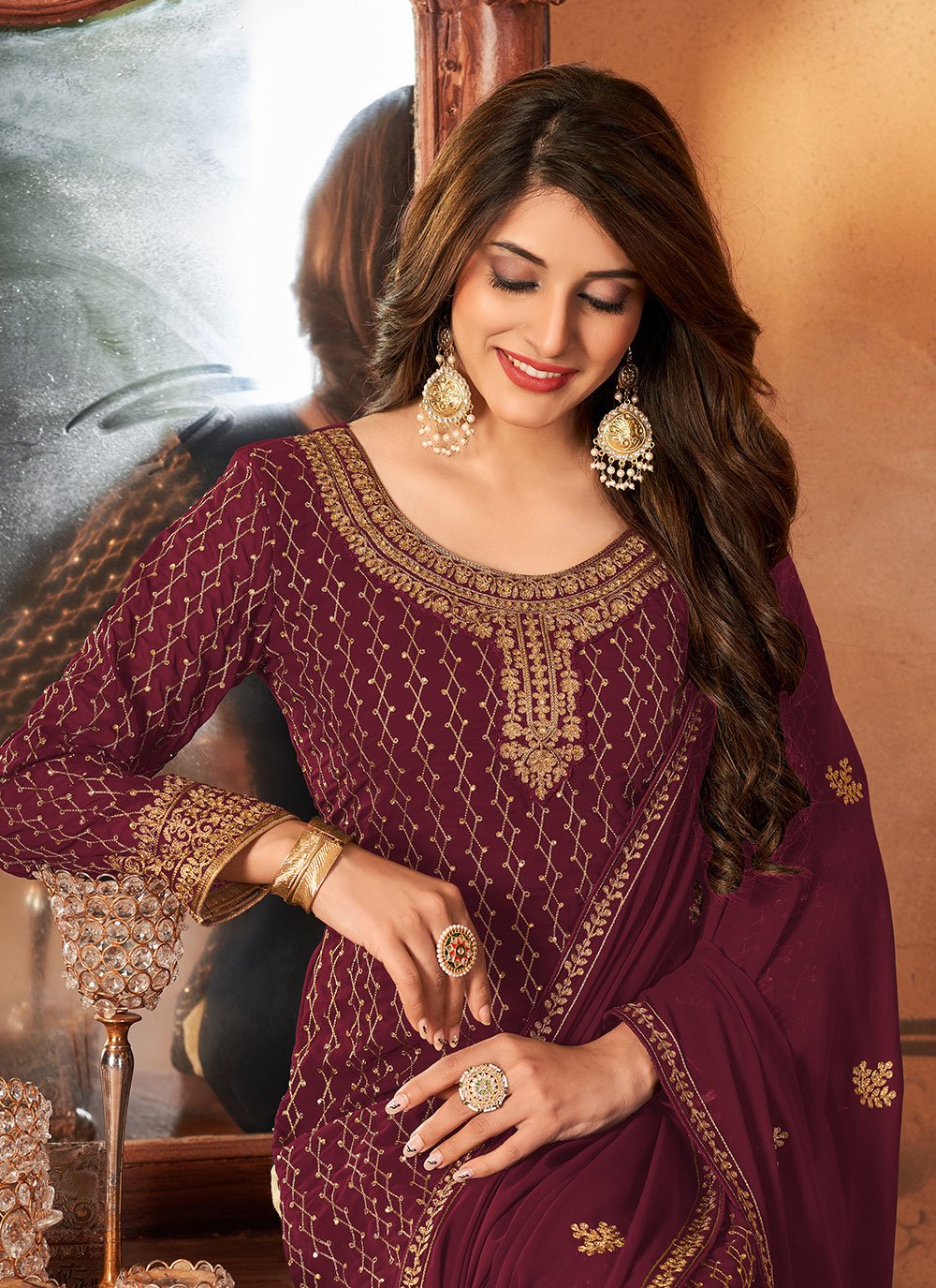 Floor Lenght Salwar Suit Faux Georgette Maroon Embroidered Salwar Kameez