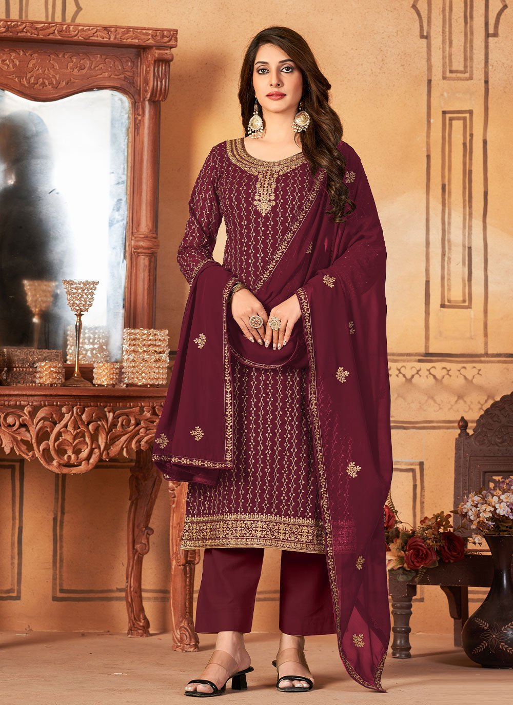 Floor Lenght Salwar Suit Faux Georgette Maroon Embroidered Salwar Kameez