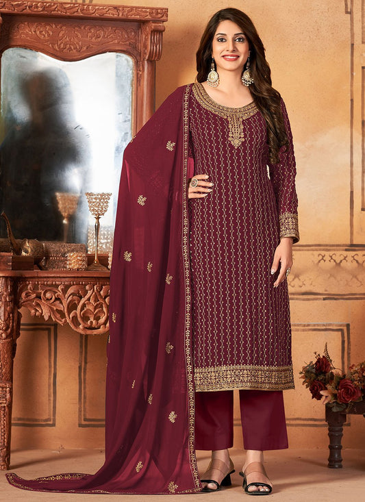 Floor Lenght Salwar Suit Faux Georgette Maroon Embroidered Salwar Kameez