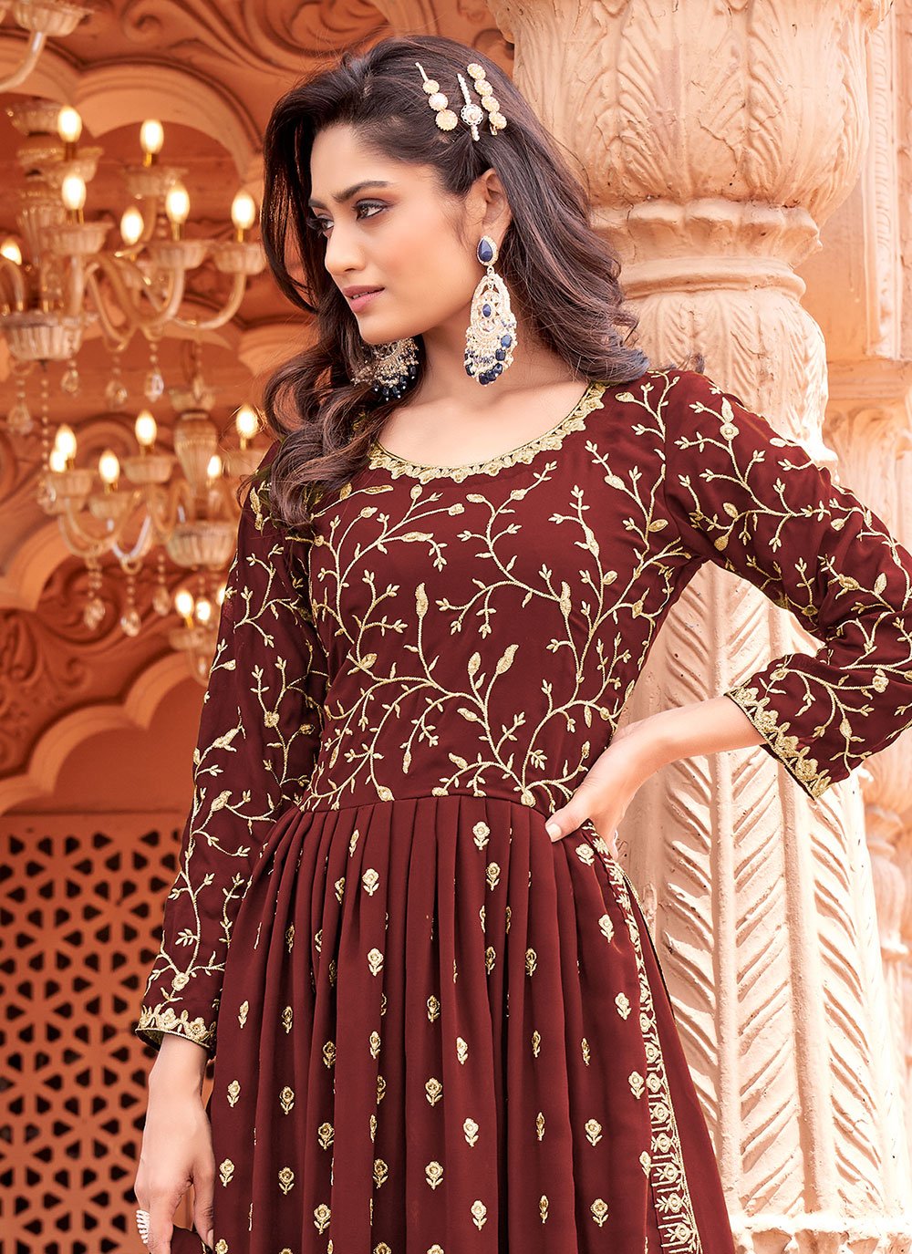 Palazzo Salwar Suit Faux Georgette Maroon Embroidered Salwar Kameez