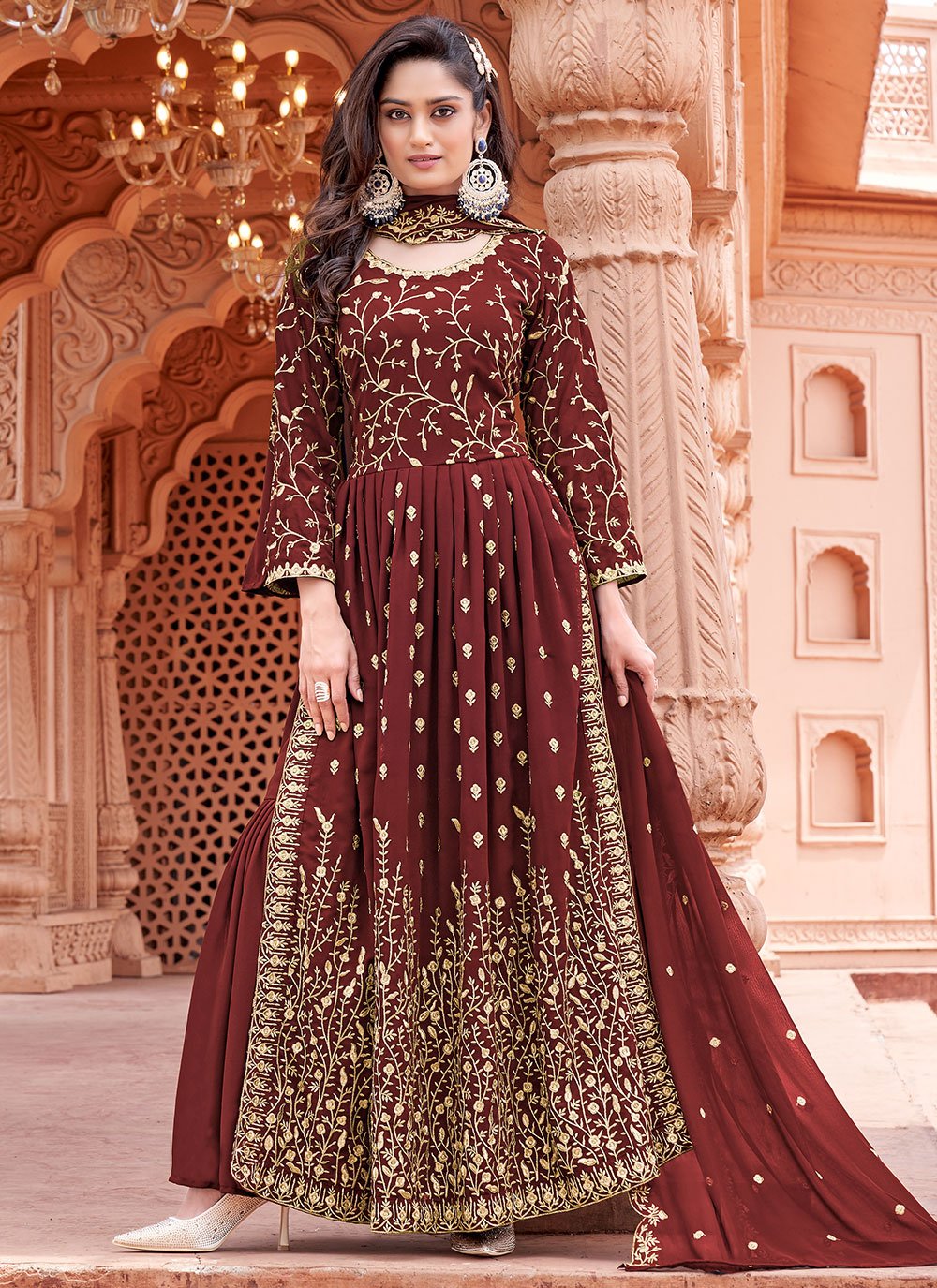 Palazzo Salwar Suit Faux Georgette Maroon Embroidered Salwar Kameez