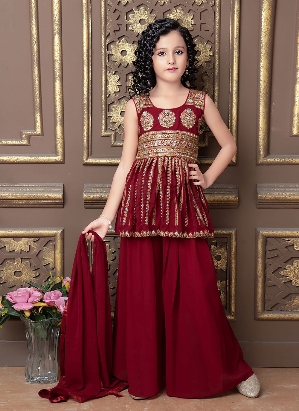 Salwar Suit Faux Georgette Maroon Embroidered Kids