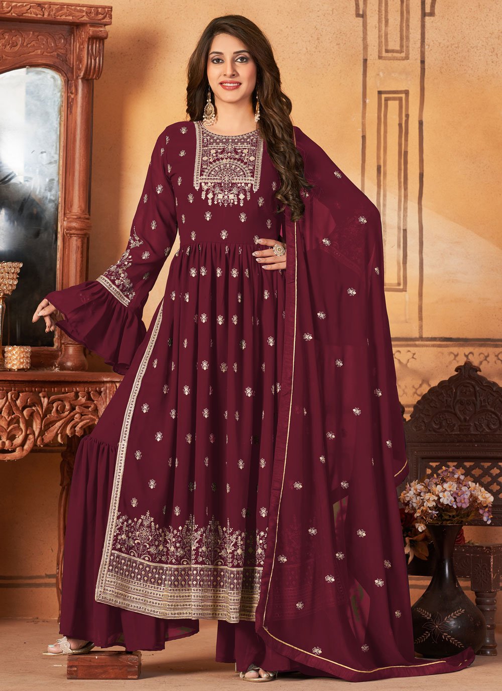 Salwar Suit Faux Georgette Maroon Embroidered Salwar Kameez