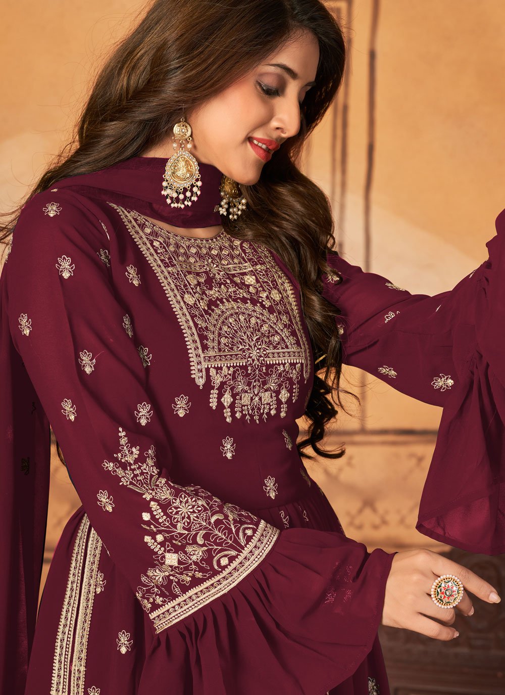 Salwar Suit Faux Georgette Maroon Embroidered Salwar Kameez