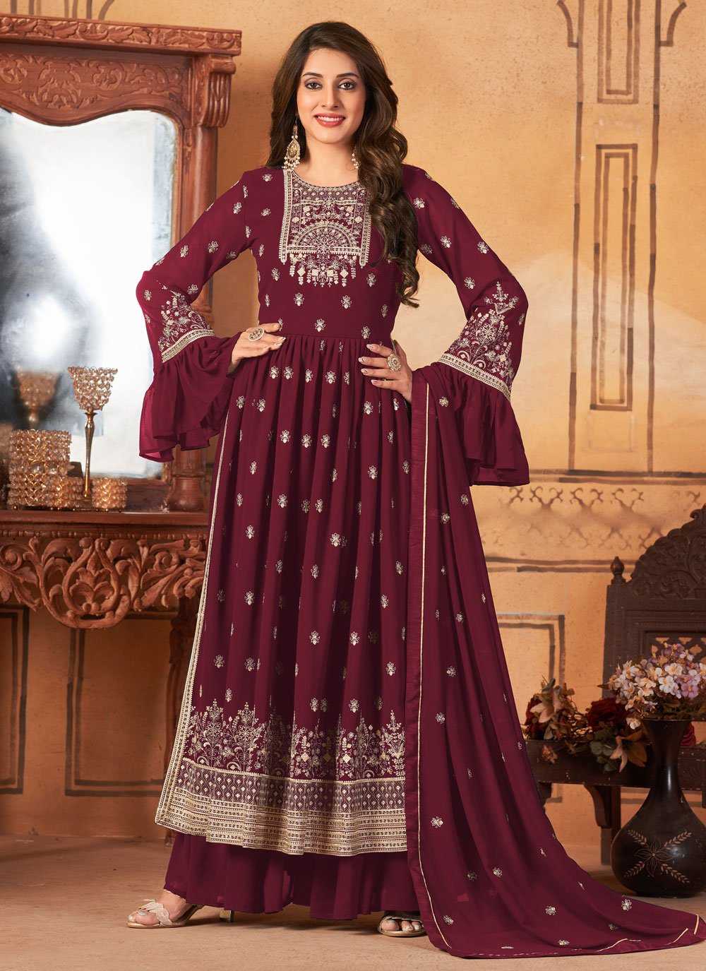 Salwar Suit Faux Georgette Maroon Embroidered Salwar Kameez