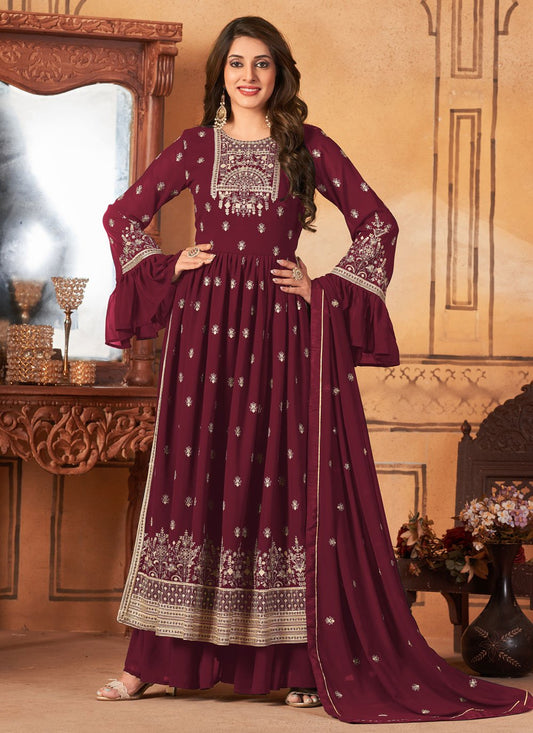 Salwar Suit Faux Georgette Maroon Embroidered Salwar Kameez