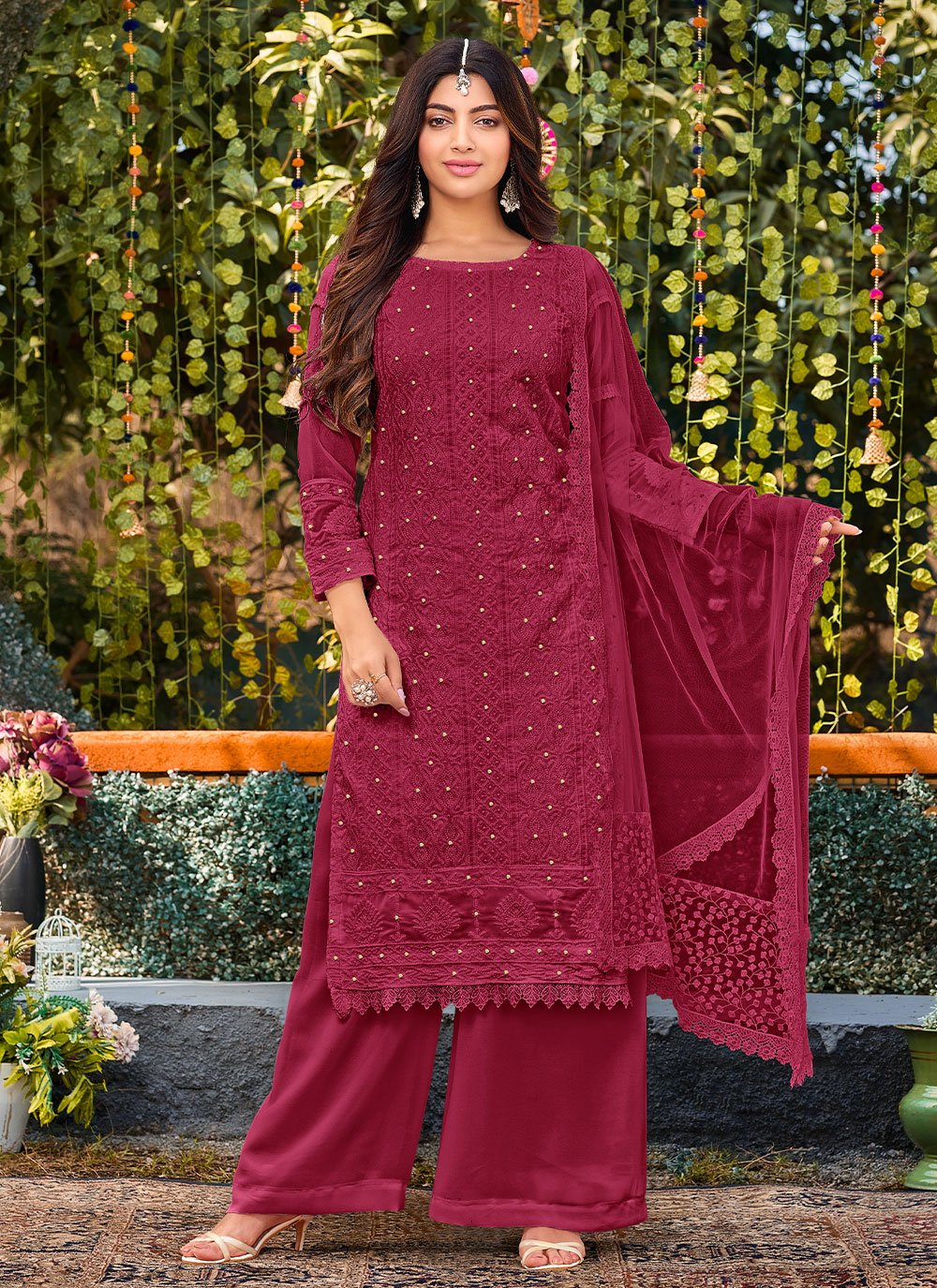 Salwar Suit Faux Georgette Maroon Embroidered Salwar Kameez