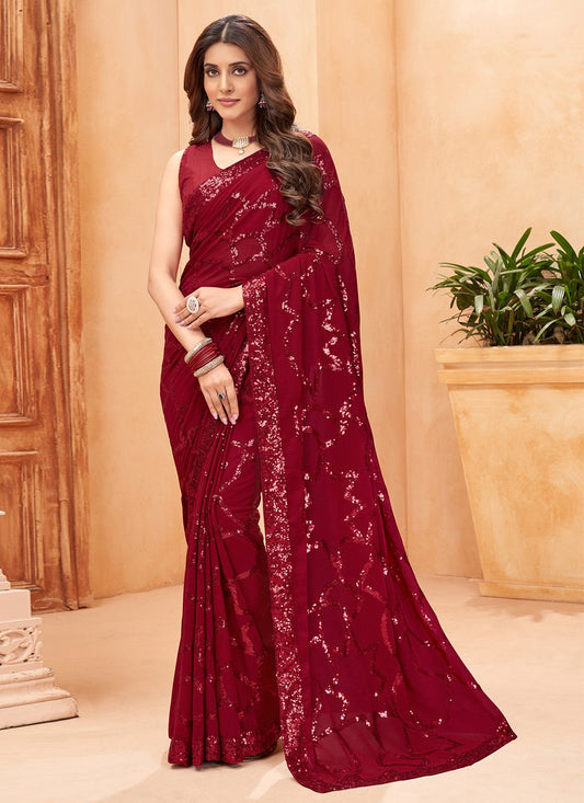 Classic Faux Georgette Maroon Sequins Saree