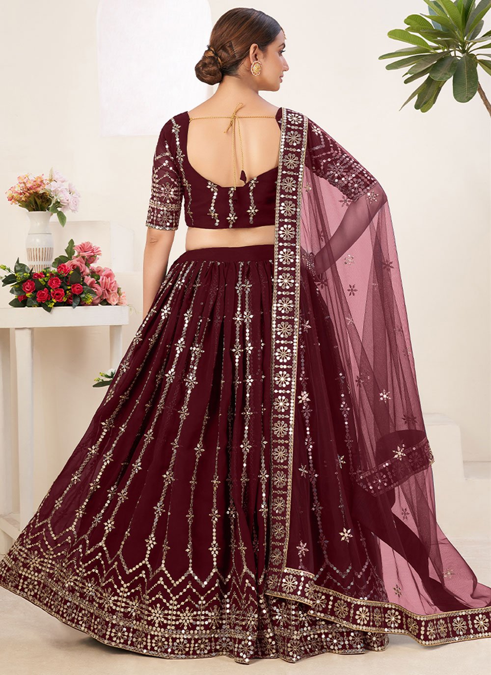 Lehenga Choli Faux Georgette Maroon Embroidered Lehenga Choli