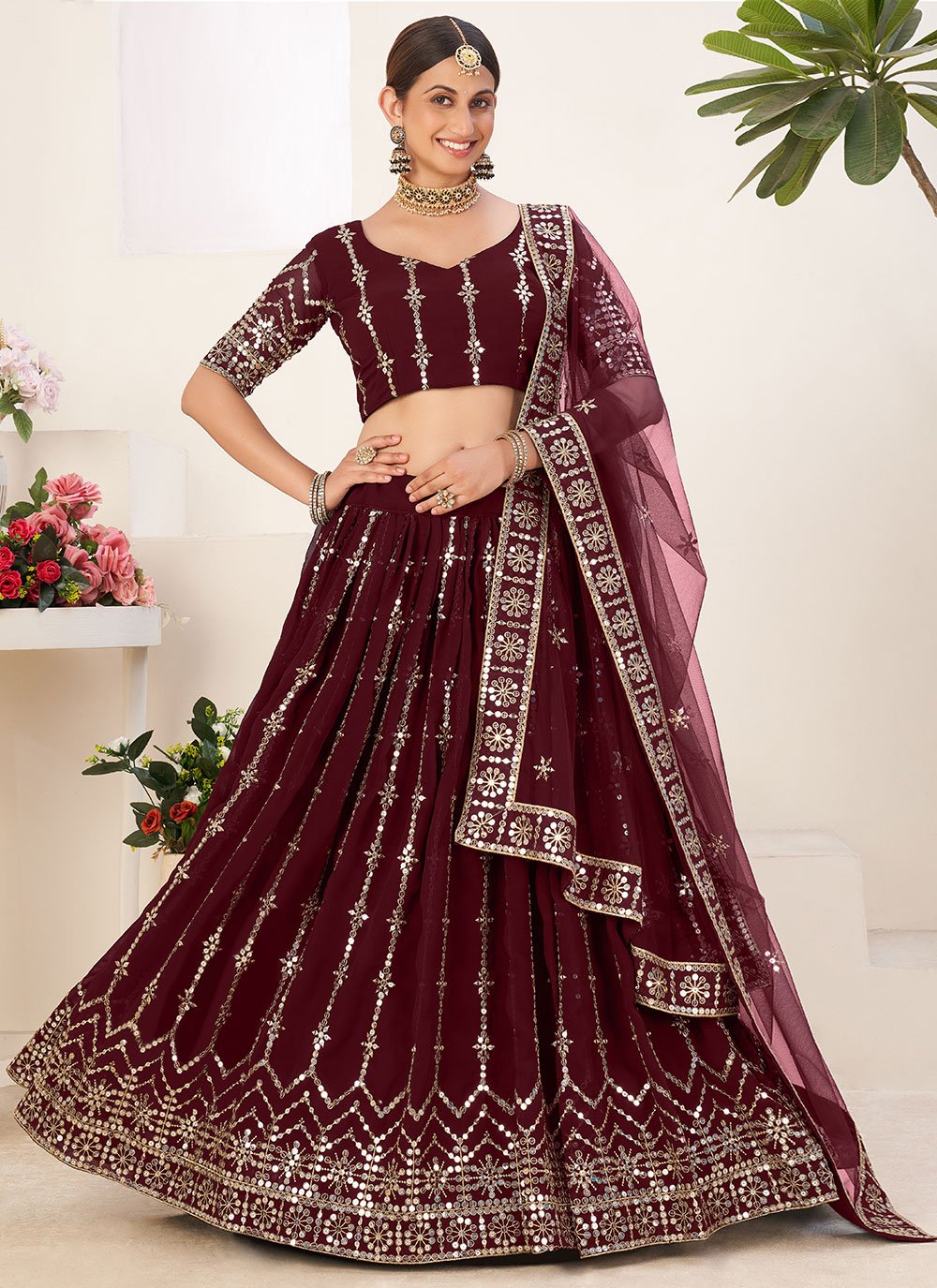 Lehenga Choli Faux Georgette Maroon Embroidered Lehenga Choli