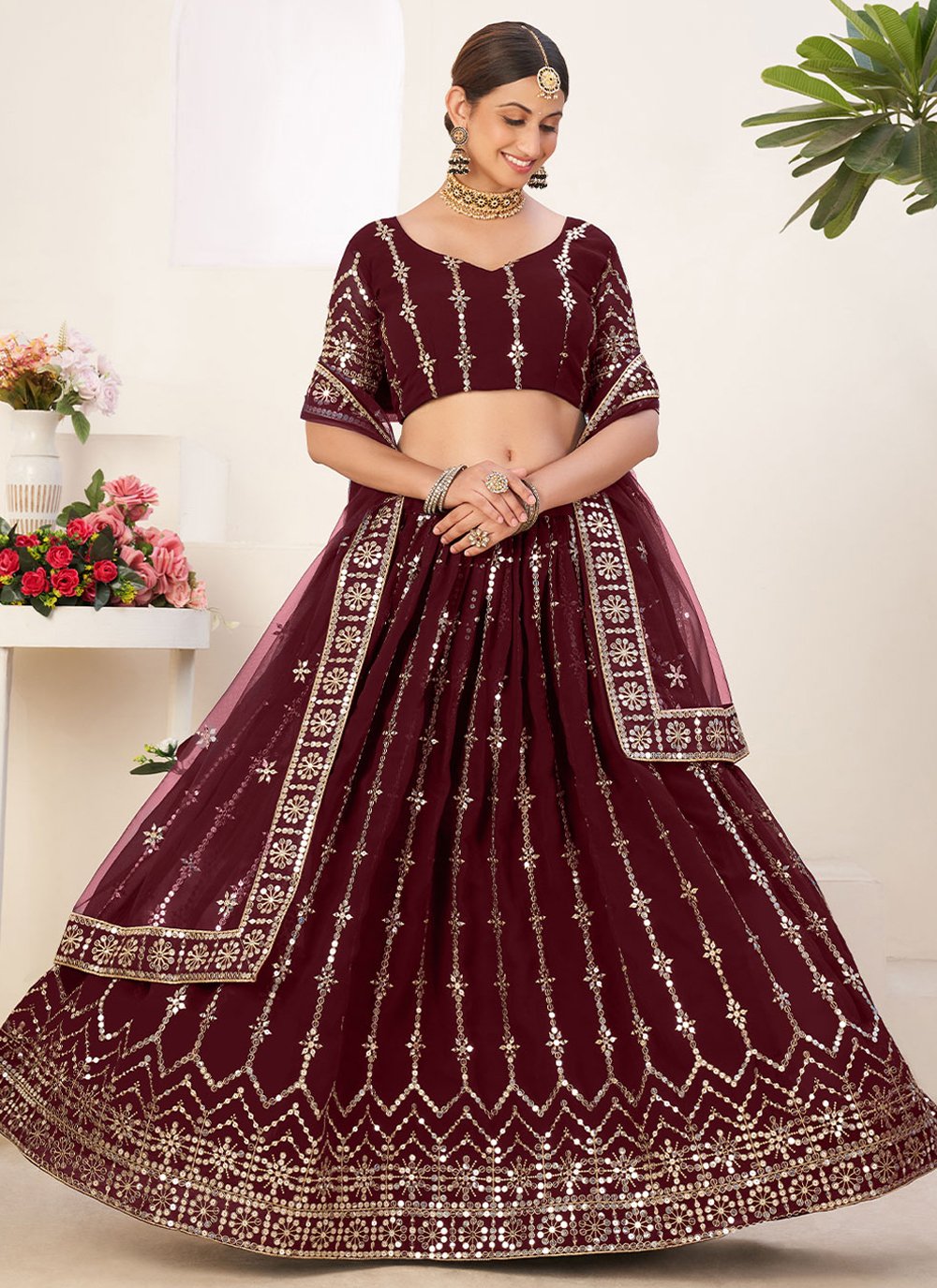 Lehenga Choli Faux Georgette Maroon Embroidered Lehenga Choli