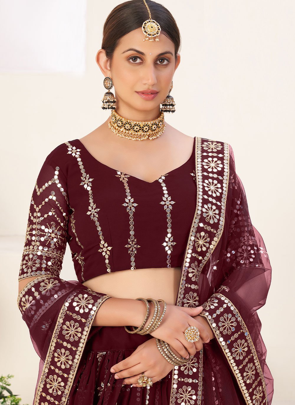 Lehenga Choli Faux Georgette Maroon Embroidered Lehenga Choli