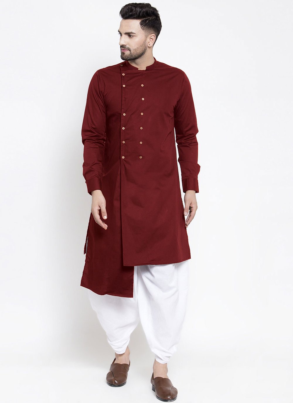 Kurta Blended Cotton Maroon Buttons Mens