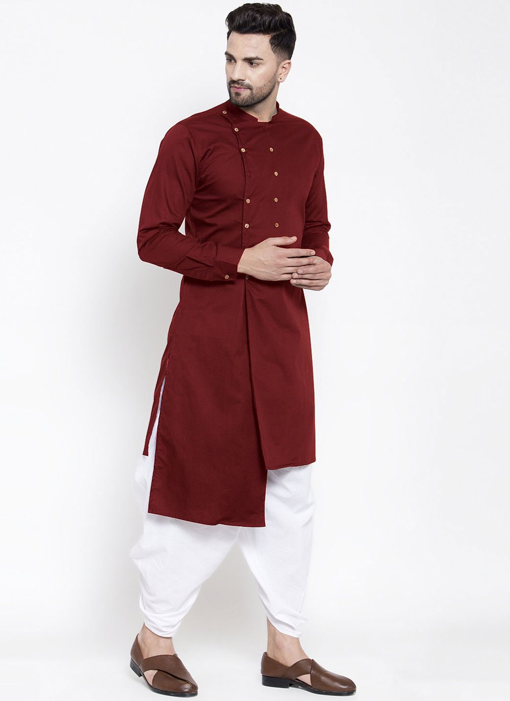 Kurta Blended Cotton Maroon Buttons Mens