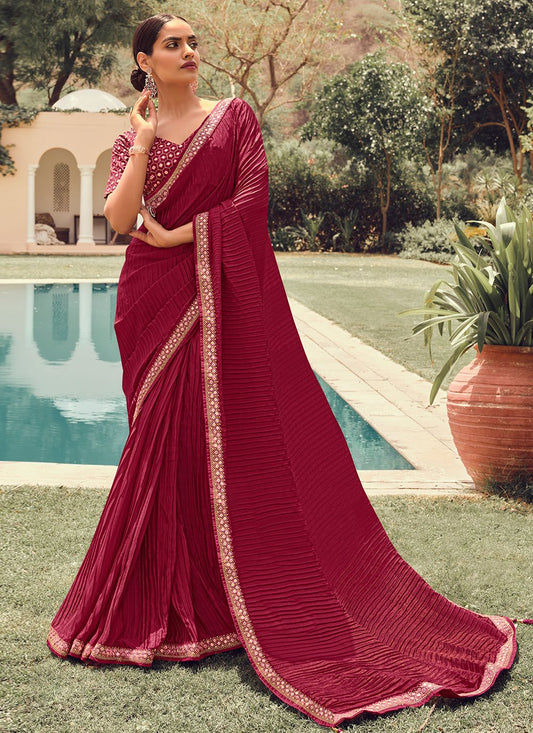 Contemporary Vichitra Silk Maroon Embroidered Saree