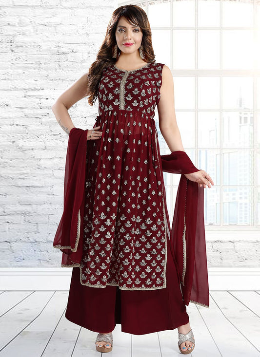 Palazzo Salwar Suit Faux Georgette Maroon Embroidered Salwar Kameez