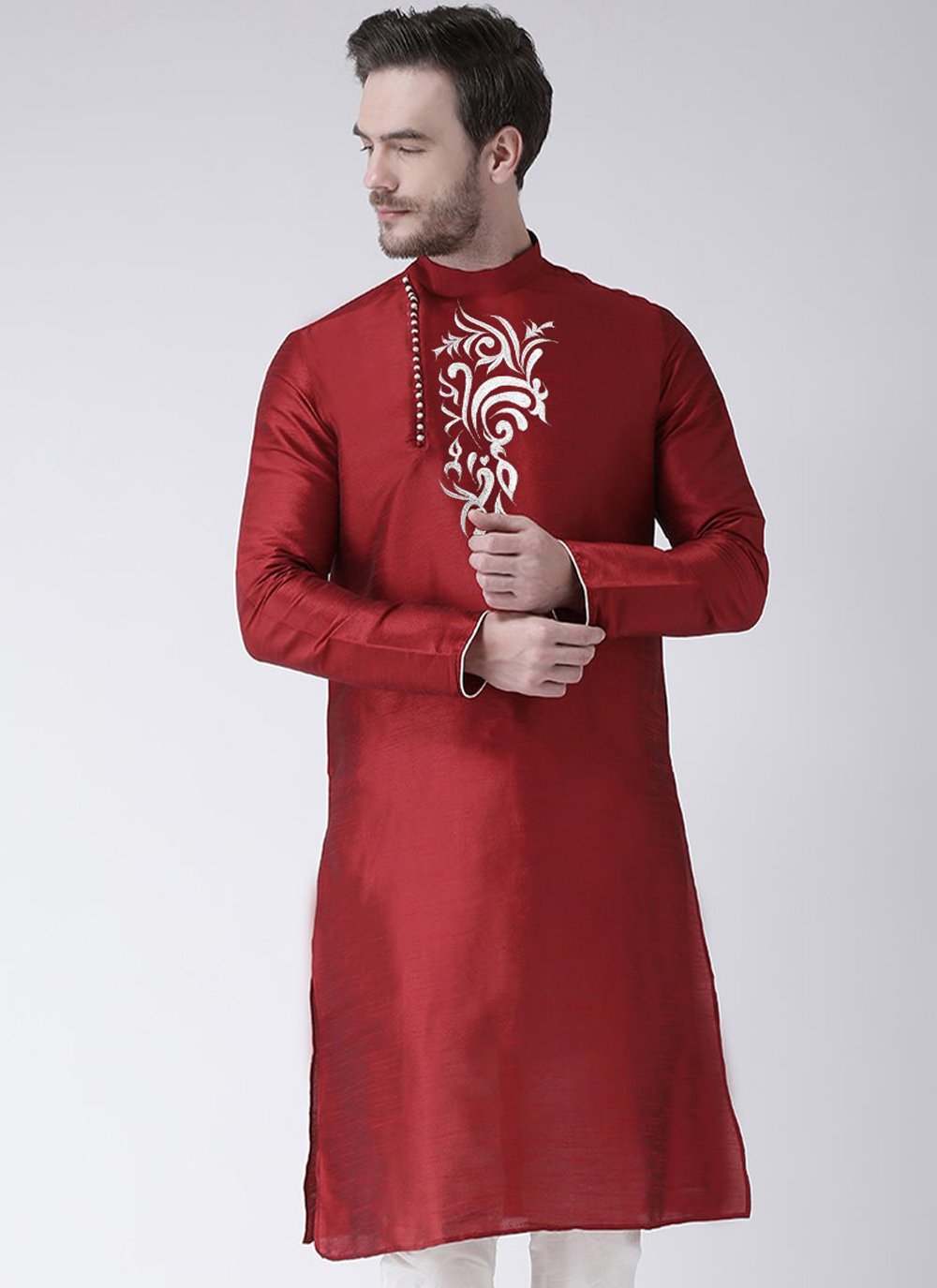 Kurta Art Dupion Silk Maroon Embroidered Mens