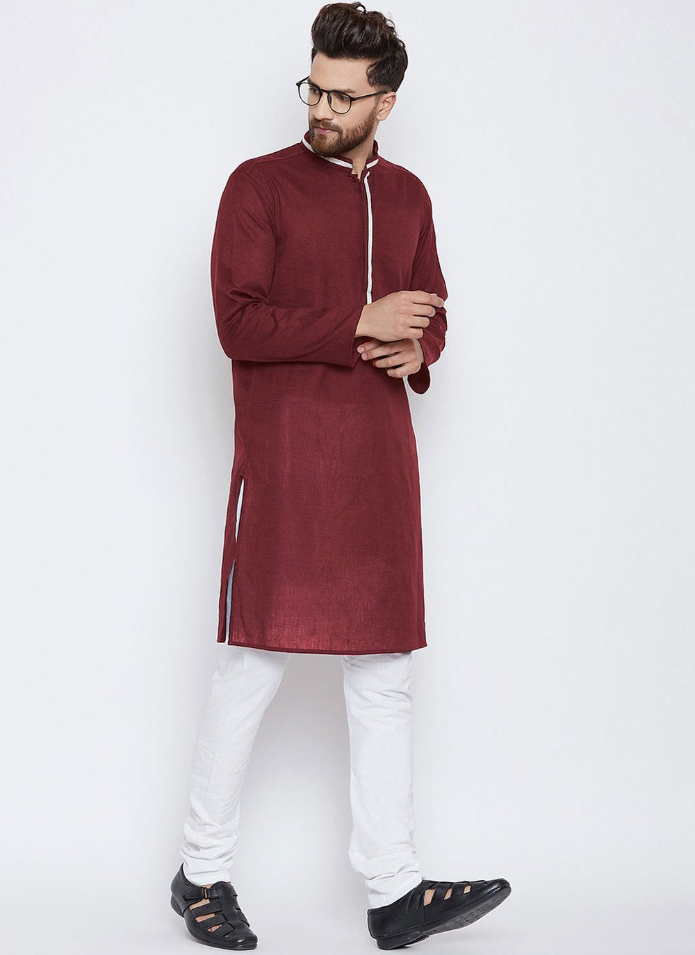 Kurta Pyjama Blended Cotton Maroon Plain Mens