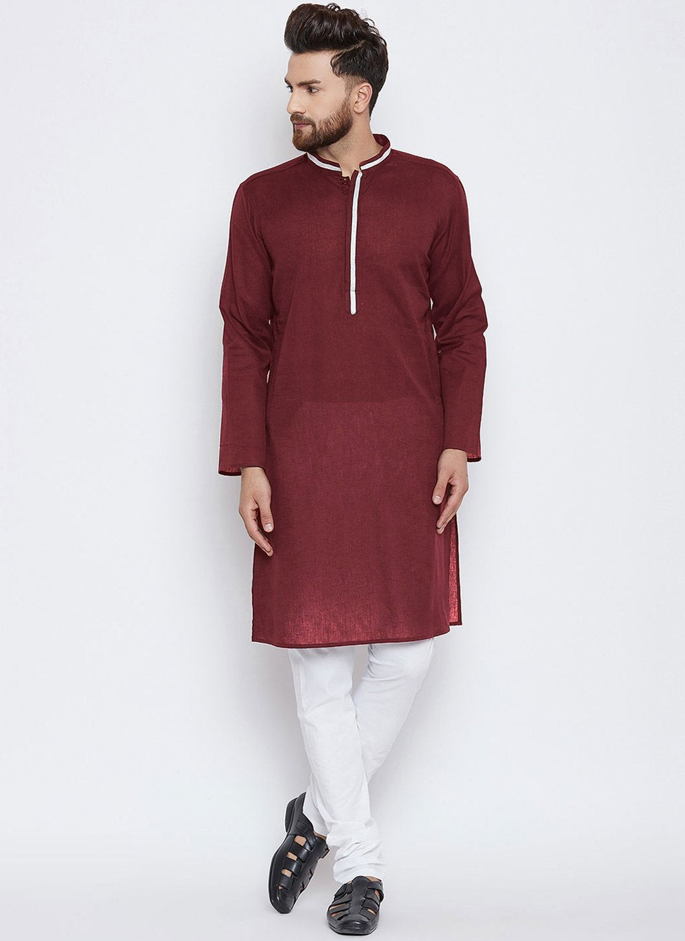 Kurta Pyjama Blended Cotton Maroon Plain Mens