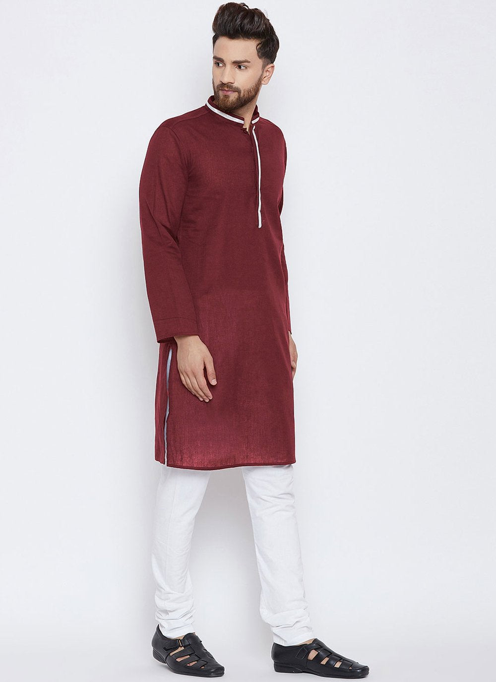 Kurta Pyjama Blended Cotton Maroon Plain Mens