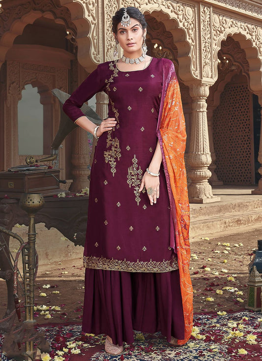 Floor Lenght Salwar Suit Silk Viscose Maroon Digital Print Salwar Kameez