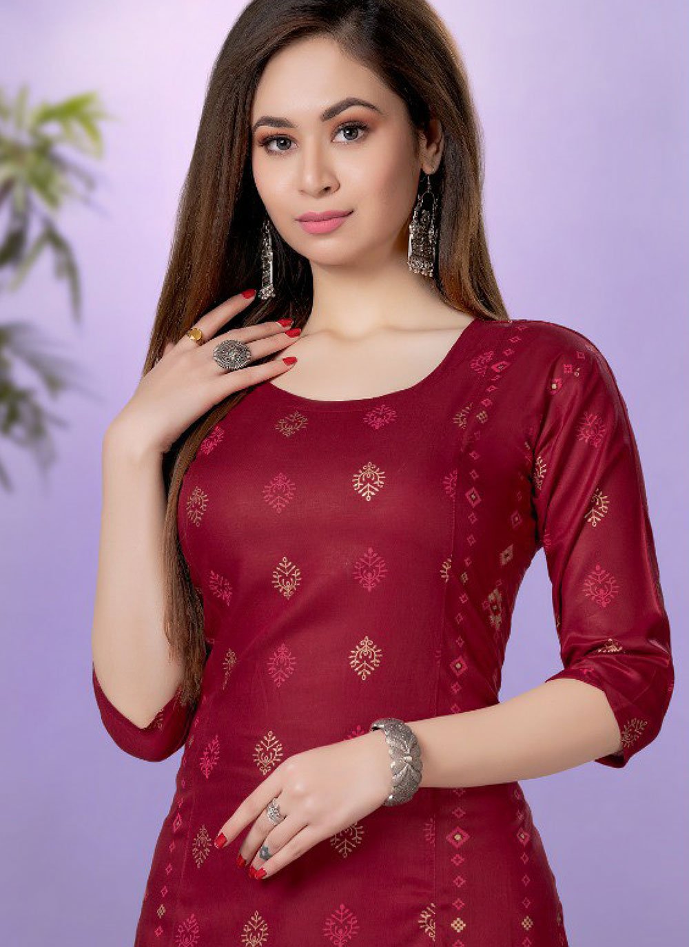 Party Wear Kurti Rayon Maroon Fancy Work Kurtis