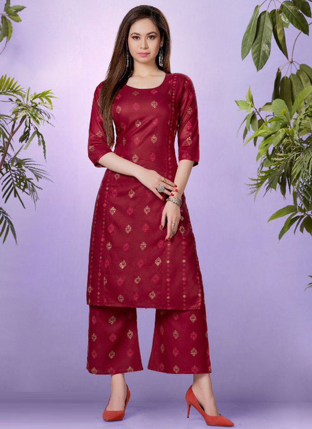 Party Wear Kurti Rayon Maroon Fancy Work Kurtis