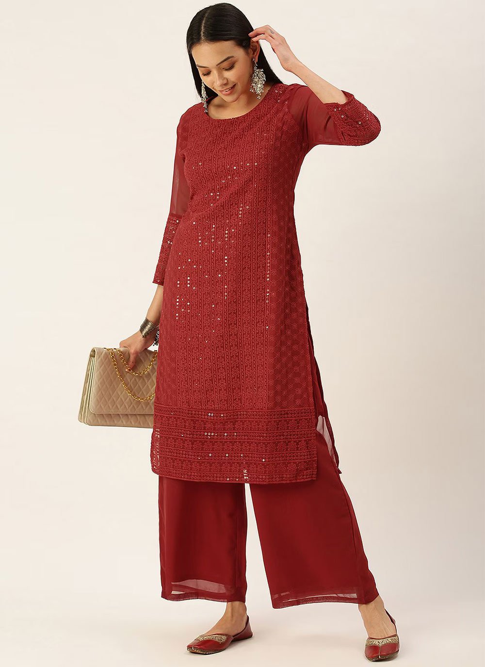 Party Wear Kurti Georgette Maroon Embroidered Kurtis