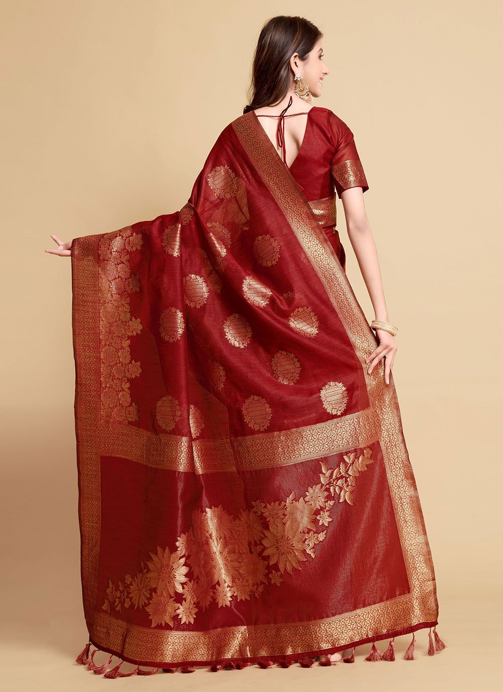 Trendy Saree Linen Maroon Jacquard Work Saree