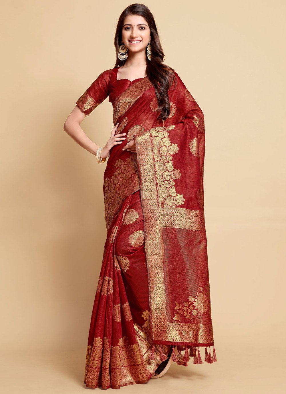 Trendy Saree Linen Maroon Jacquard Work Saree