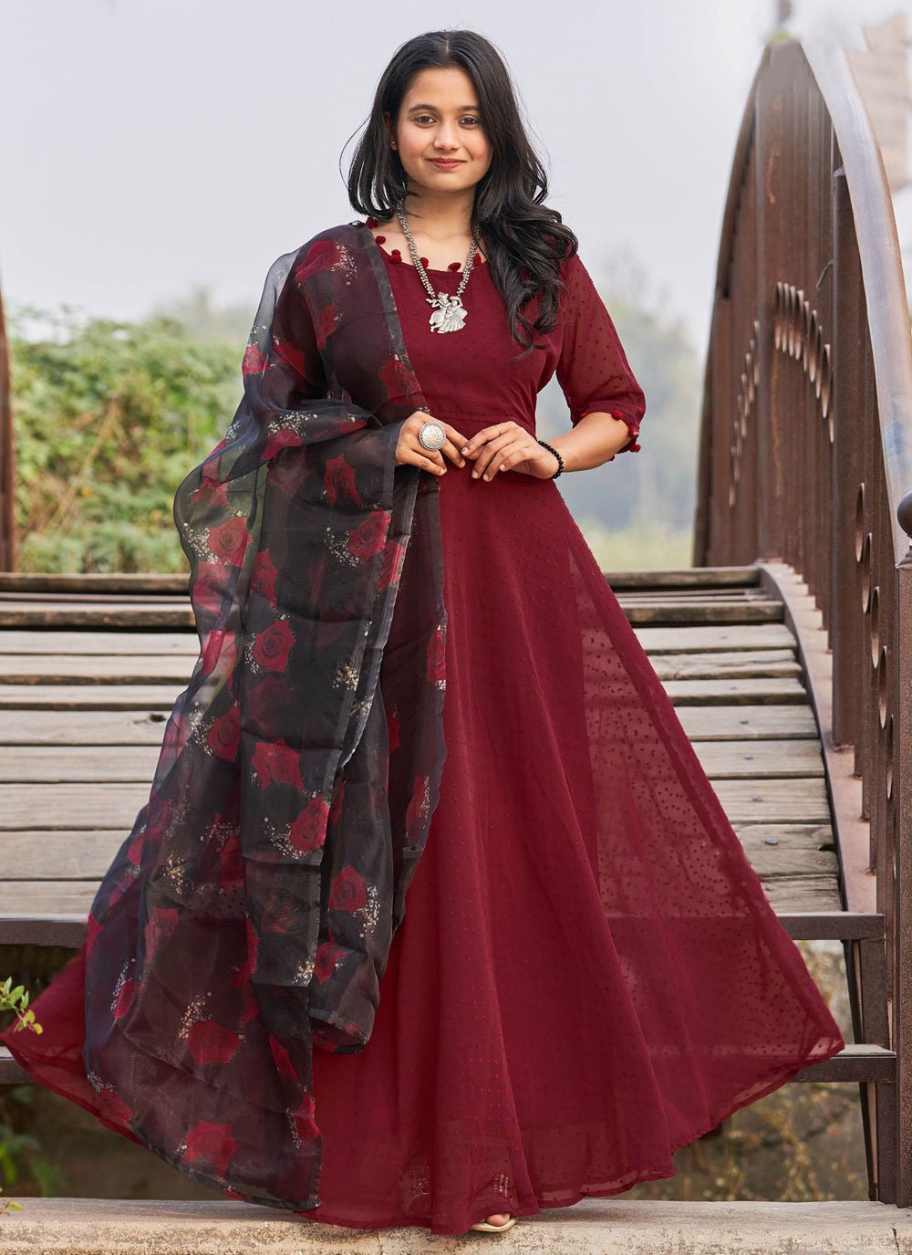 Gown Faux Georgette Maroon Booti Gown