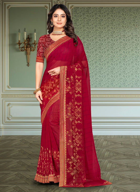 Classic Georgette Maroon Foil Print Saree