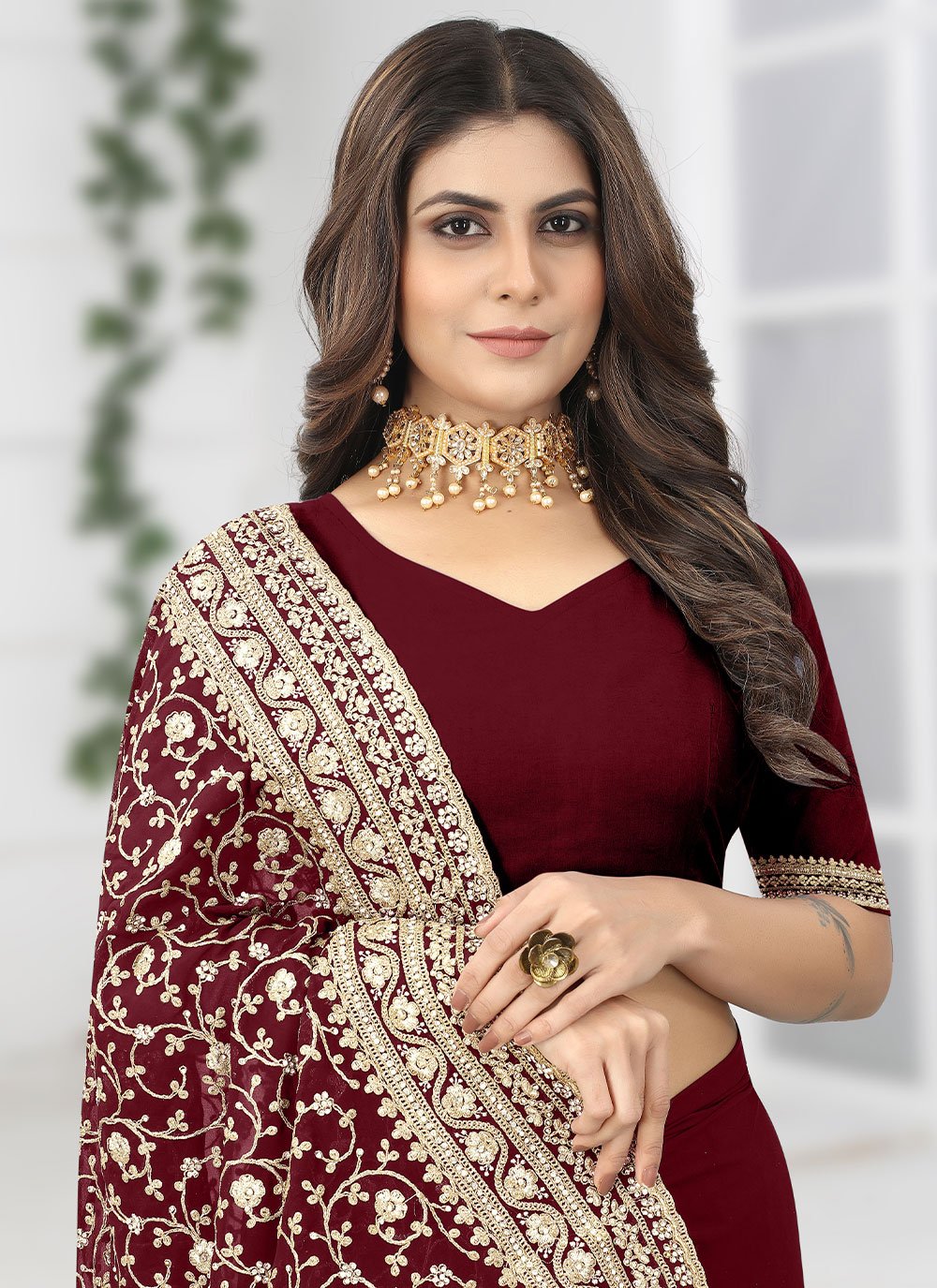 Contemporary Georgette Maroon Diamond Saree