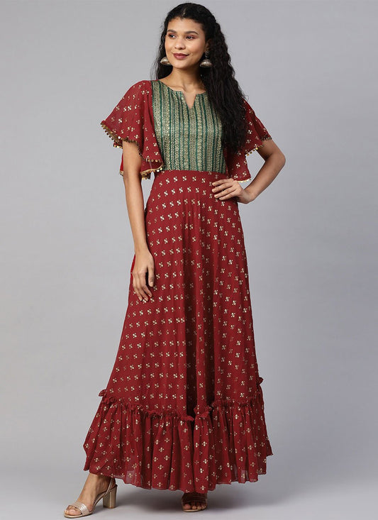 Designer Kurti Georgette Maroon Foil Print Kurtis