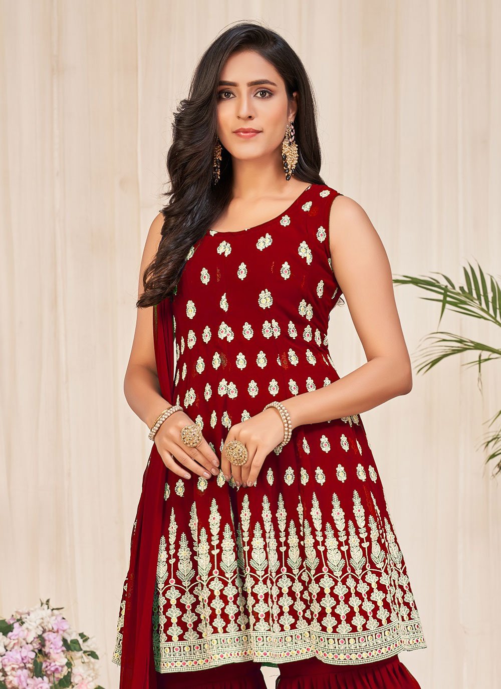 Sharara Set Georgette Maroon Embroidered Salwar Kameez