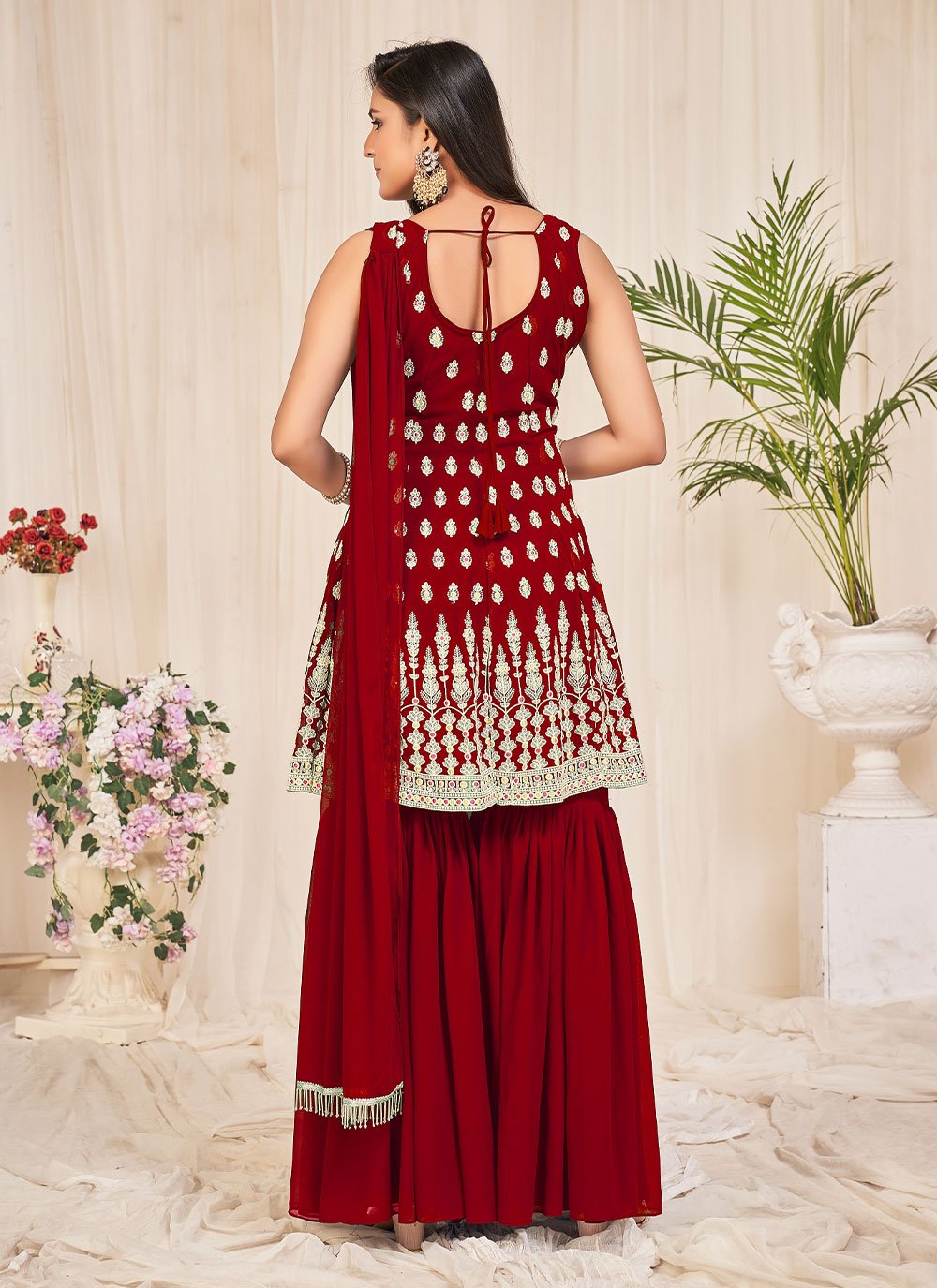 Sharara Set Georgette Maroon Embroidered Salwar Kameez