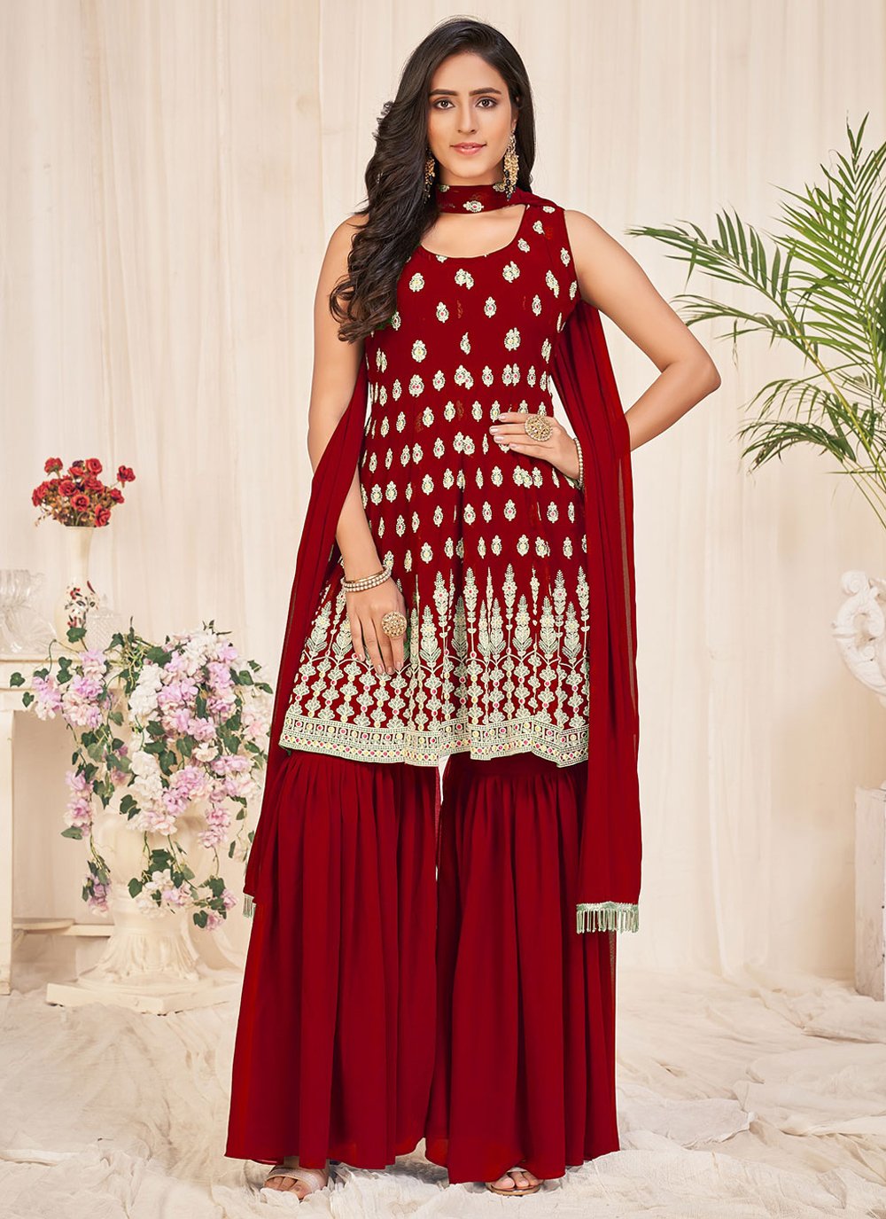 Sharara Set Georgette Maroon Embroidered Salwar Kameez