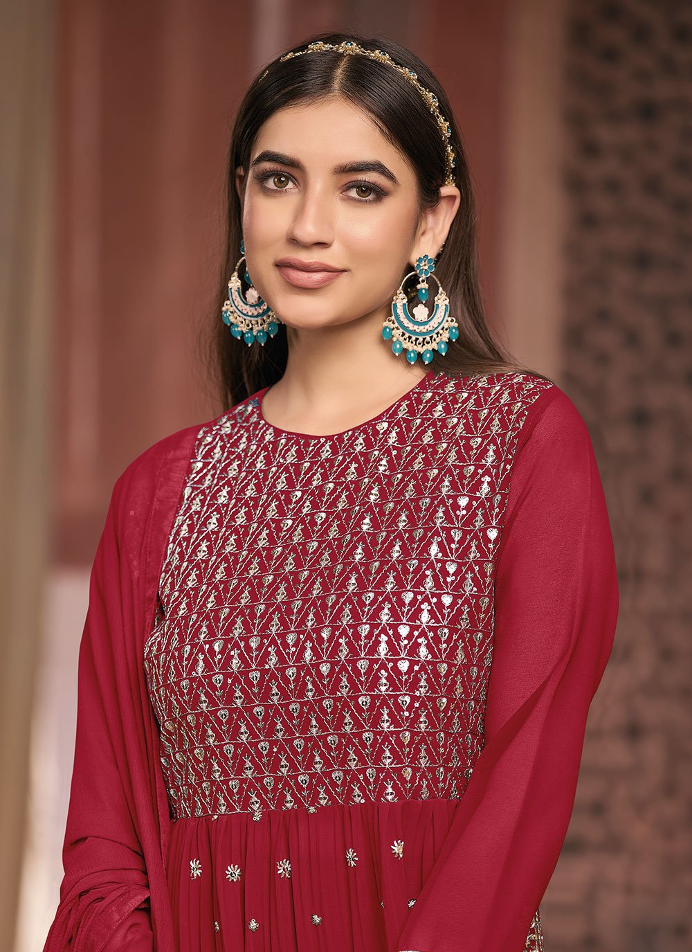 Palazzo Salwar Suit Georgette Maroon Embroidered Salwar Kameez