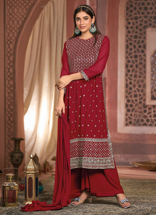 Palazzo Salwar Suit Georgette Maroon Embroidered Salwar Kameez