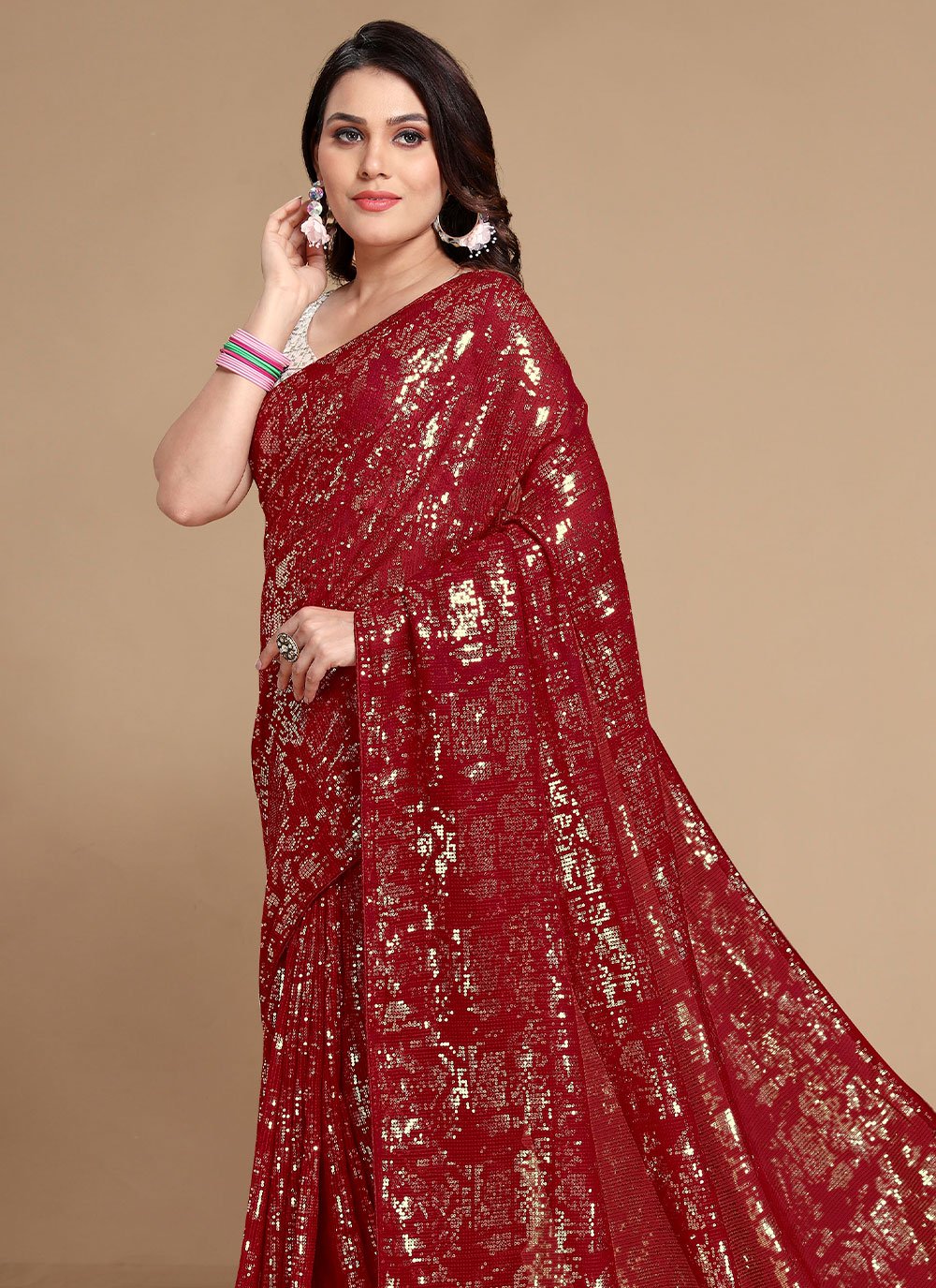 Classic Georgette Maroon Sequins Saree