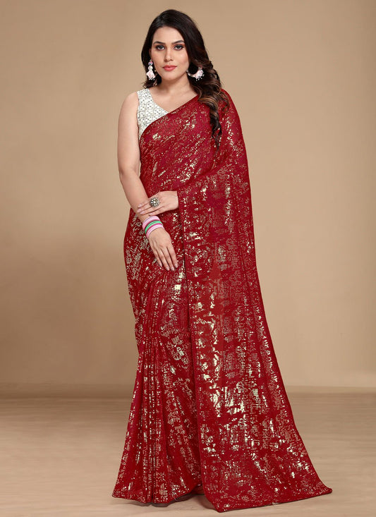 Classic Georgette Maroon Sequins Saree