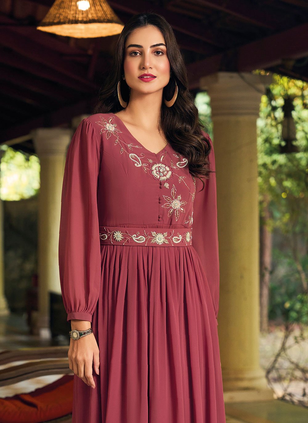 Gown Georgette Maroon Embroidered Gown