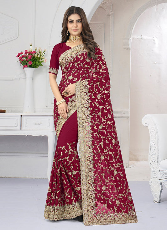 Contemporary Georgette Maroon Embroidered Saree