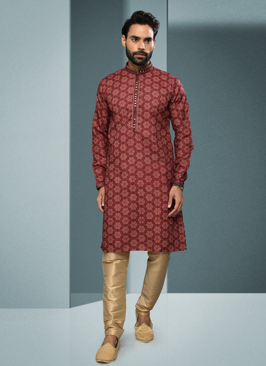 Kurta Pyjama Handloom Cotton Maroon Digital Print Mens