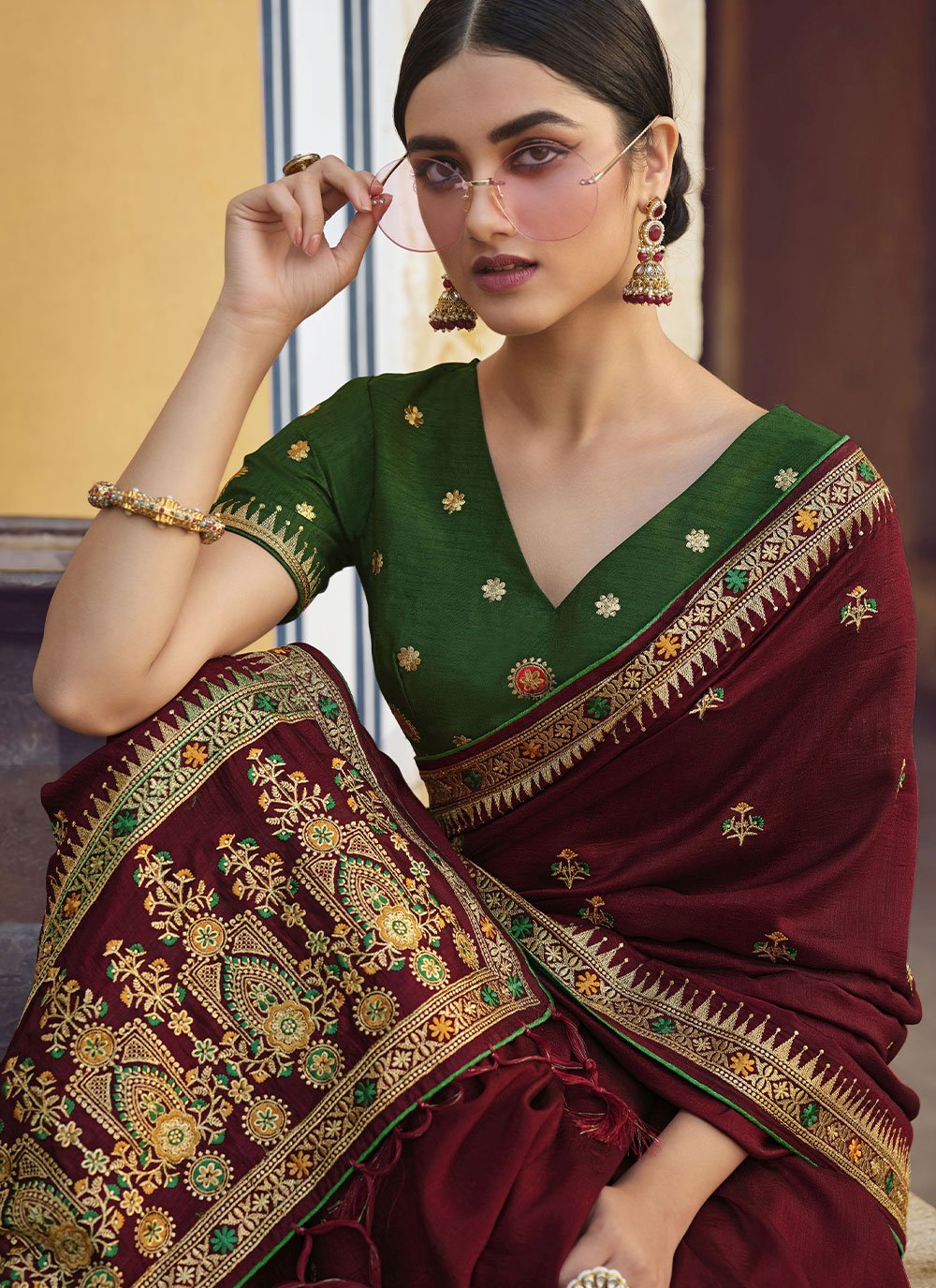 Contemporary Art Silk Maroon Embroidered Saree