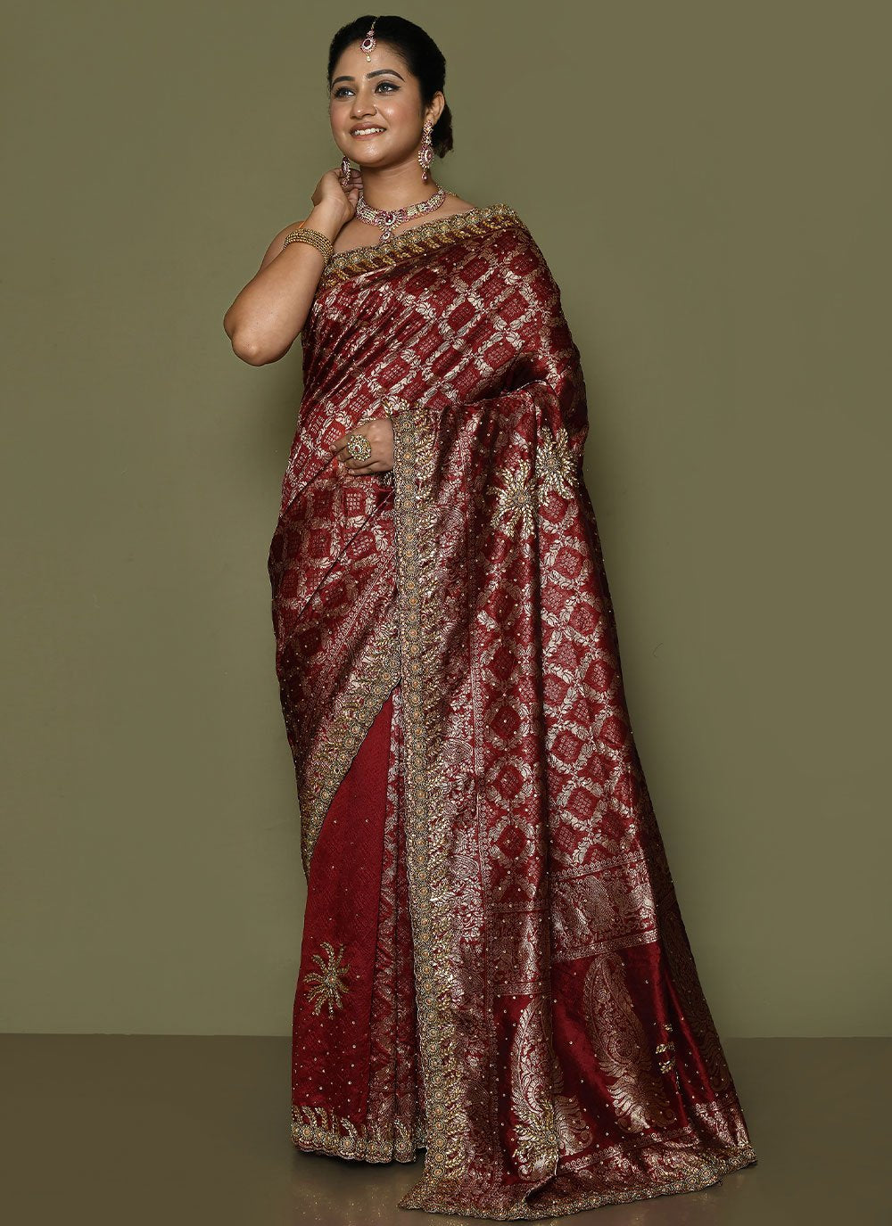 Contemporary Kanjivaram Silk Maroon Hand Work Saree