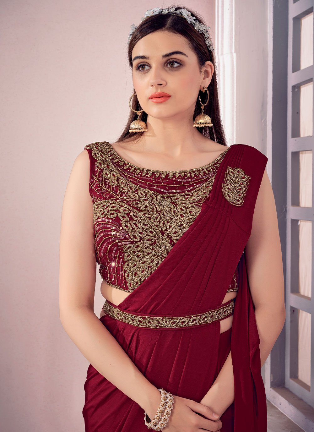 Contemporary Imported Maroon Plain Saree