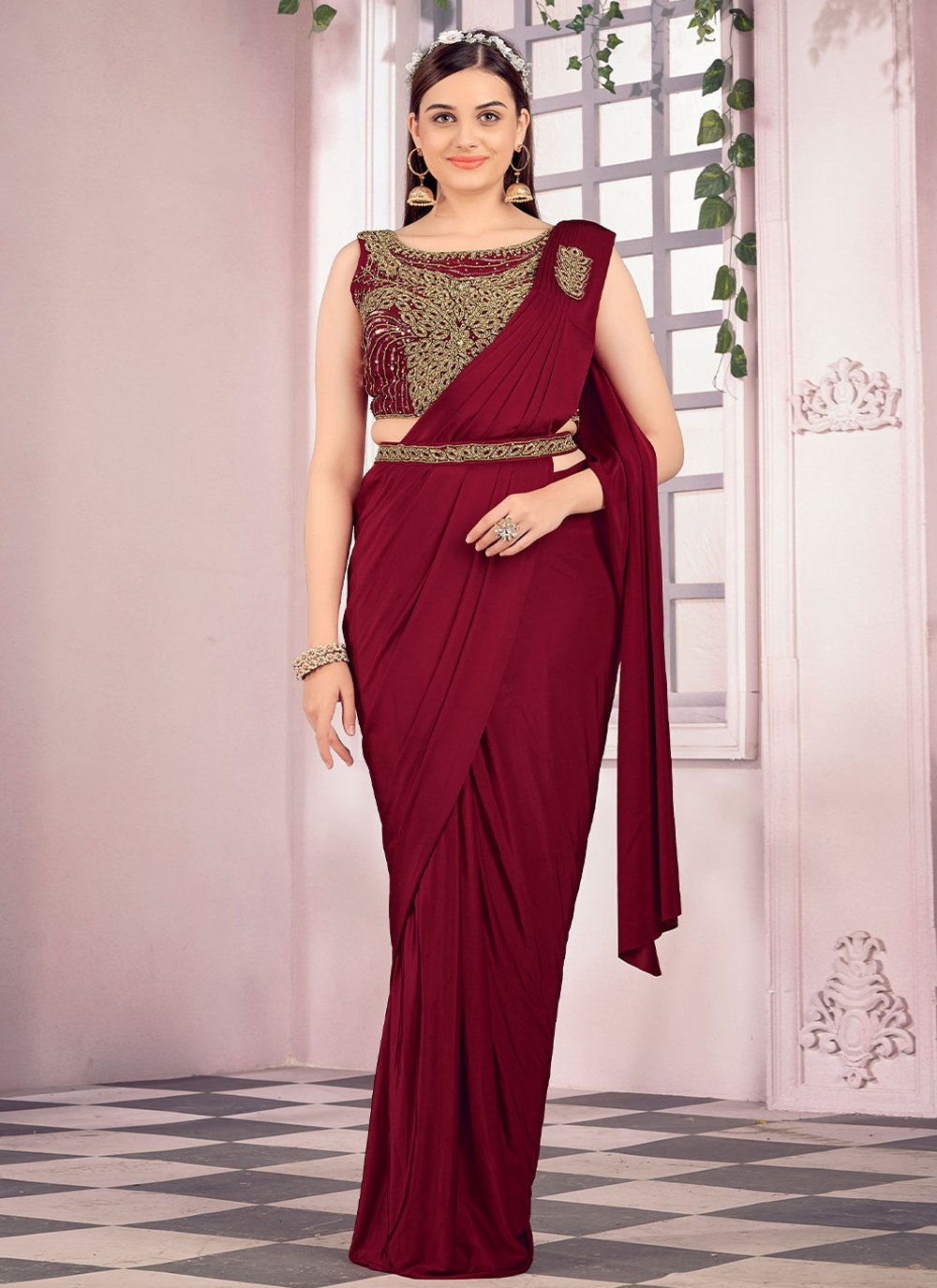 Contemporary Imported Maroon Plain Saree